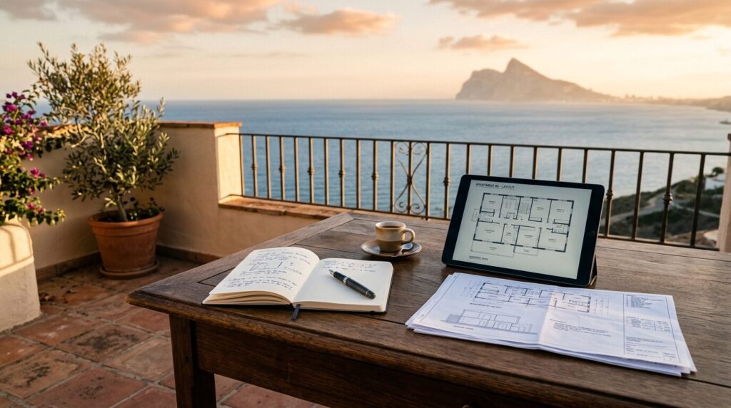 A wooden desk on a Costa del Sol terrace at golden hour with notebook, espresso and a sea view toward Gibraltar